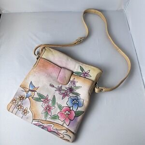 Genuine Biacci Leather Hand Painted Artisan Floral Crossbody Tote Adjustable Bag